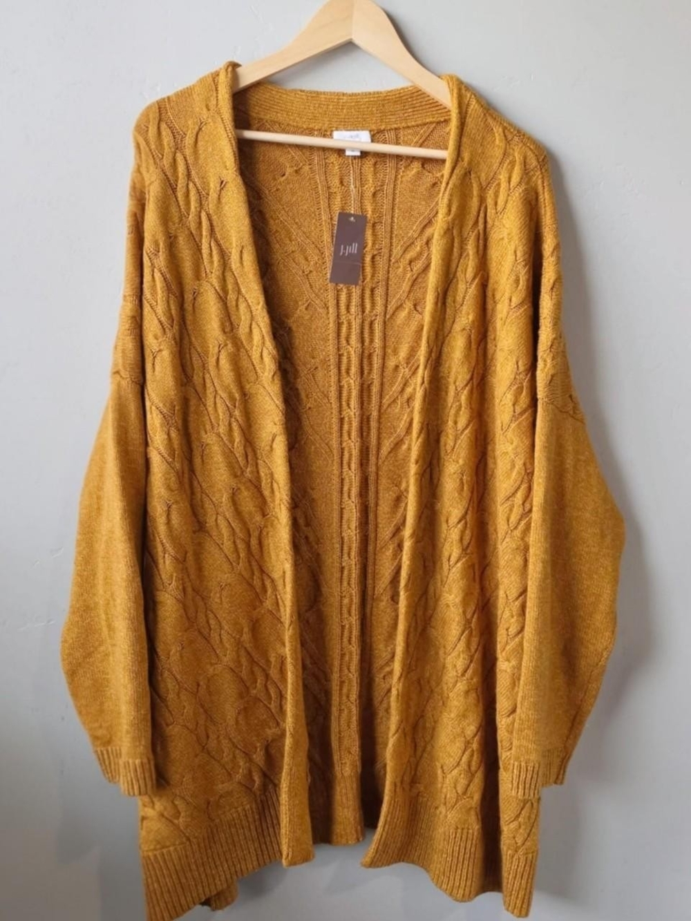 New Pure Jill J.Jill mustard yellow open front cable knit cardigan sweater